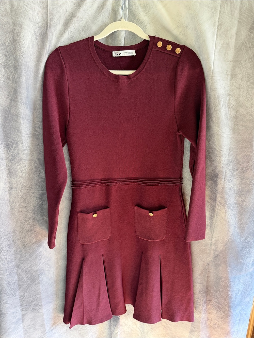 Zara Pleated Military Dress Burgundy Button-Accent Long Sleeve Old Money Teacher